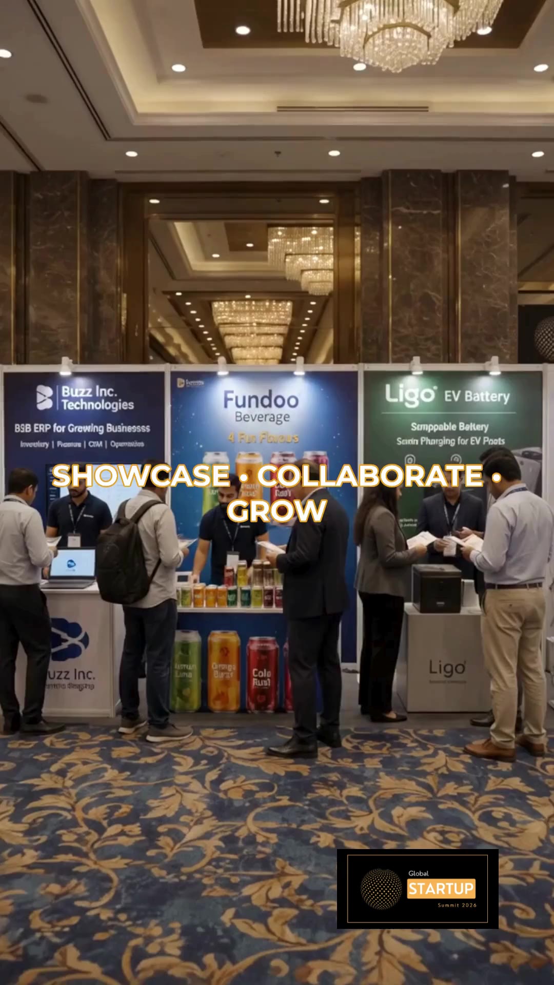Startup showcase booths inside the venue